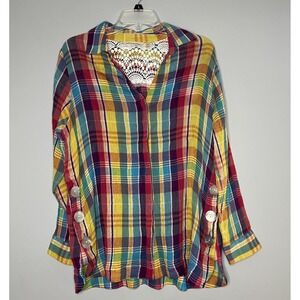 Soft Surroundings‎ Gauze Plaid Tunic Top Button Down Size Medium Lagenlook Artsy